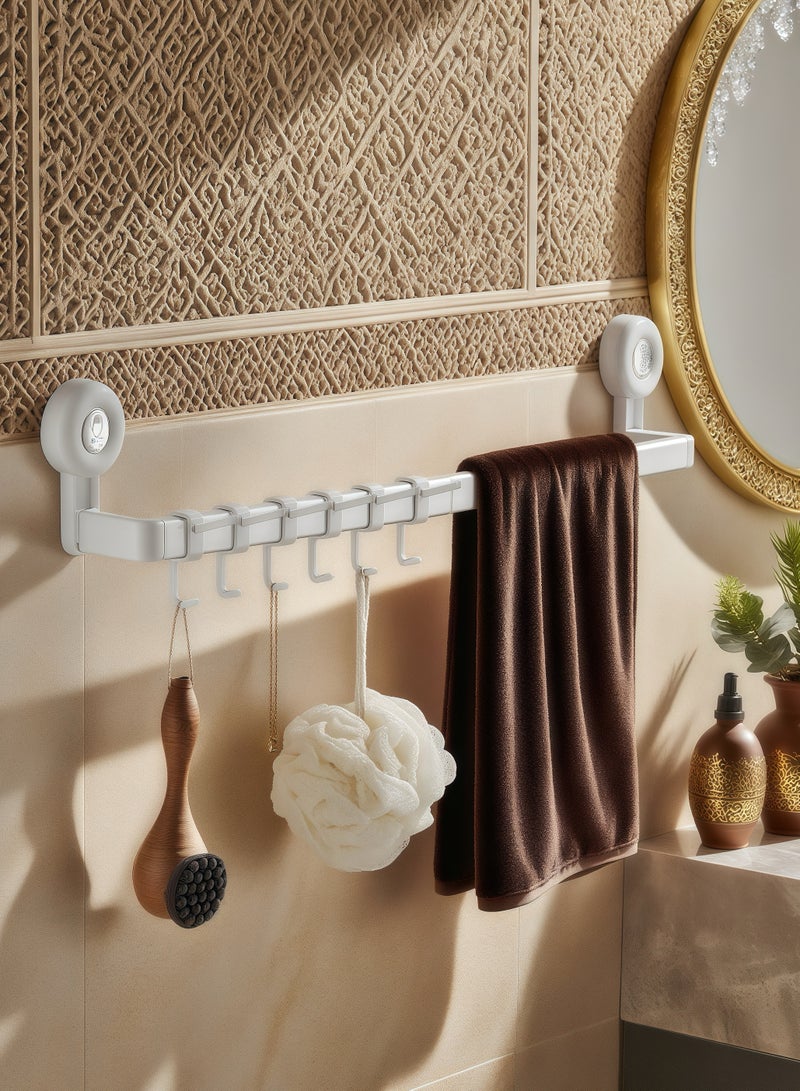 نايزان حامل مناشف بقاعدة شفط، 【60 سم】 23.62 بوصة حامل مناشف لاصق للحمام، حامل مناشف مثبت على الحائط بدون حفر مع 6 خطافات منزلقة، رف مناشف أبيض للمطبخ، المرحاض، الدش، الباب - Image 1