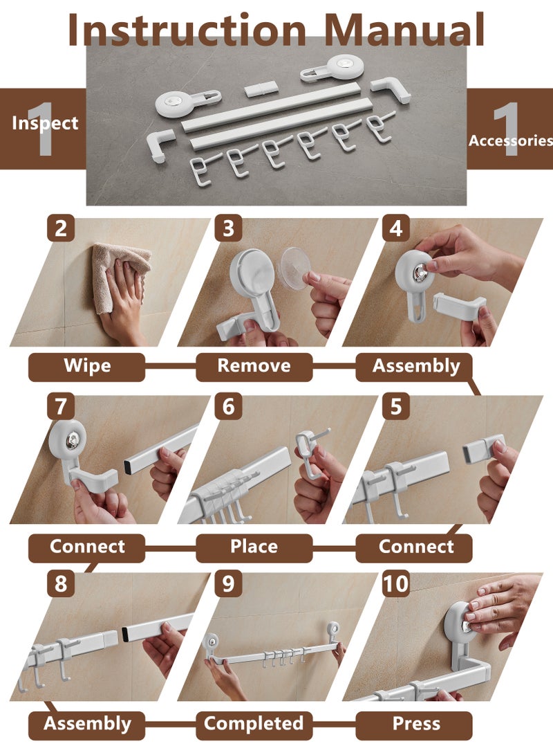 نايزان حامل مناشف بقاعدة شفط، 【60 سم】 23.62 بوصة حامل مناشف لاصق للحمام، حامل مناشف مثبت على الحائط بدون حفر مع 6 خطافات منزلقة، رف مناشف أبيض للمطبخ، المرحاض، الدش، الباب - Image 3