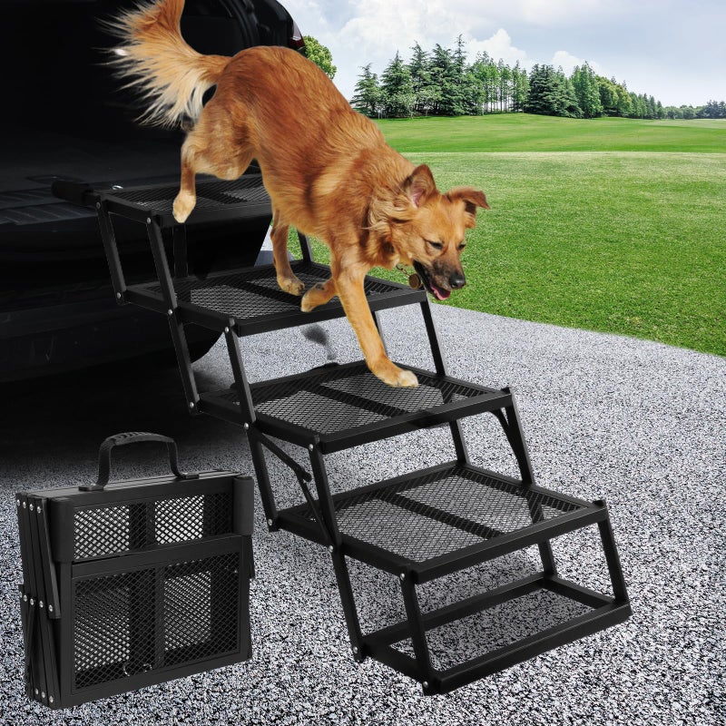DGSL Dog Ramp for Car, Extra Wide 4 Steps Dog Stairs for Truck, Folding Steps for Dogs with Non-Slip Surface, Pet Loader Dog Steps for Large Dog, SUV, Side Door and Bed (Mesh, 16.9In-4 Steps) - Image 1