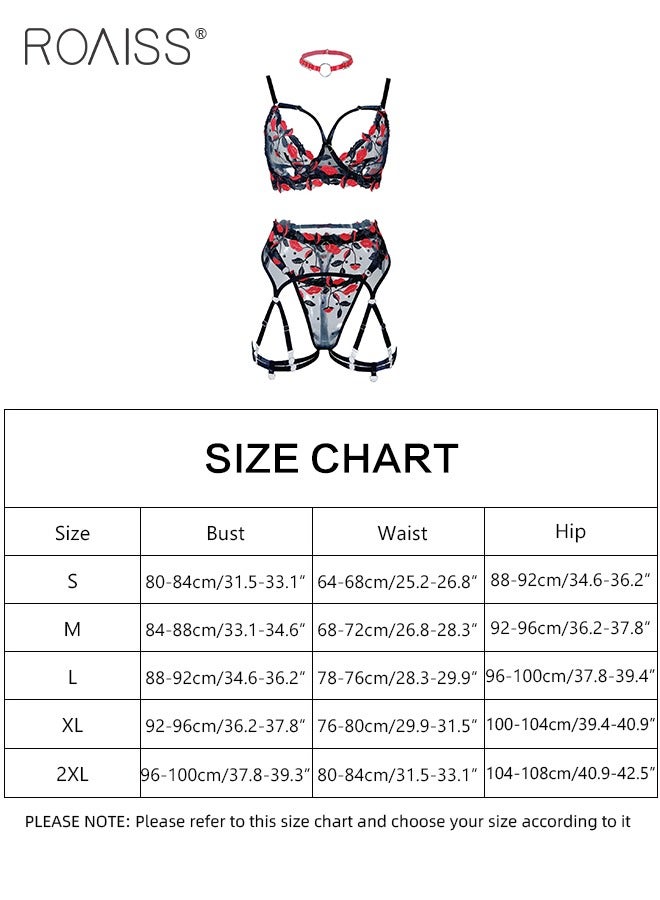 roaiss 3Pcs Embroidery Patterns Underwear Suit for Women Lace Mesh Hollow Design Lingerie Set Ladies Teddy Babydolls Cosplay Costumes Adult Push up Bra Loungewear - Image 2