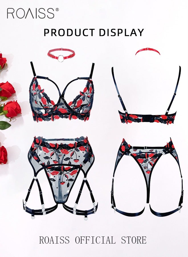 roaiss 3Pcs Embroidery Patterns Underwear Suit for Women Lace Mesh Hollow Design Lingerie Set Ladies Teddy Babydolls Cosplay Costumes Adult Push up Bra Loungewear - Image 1