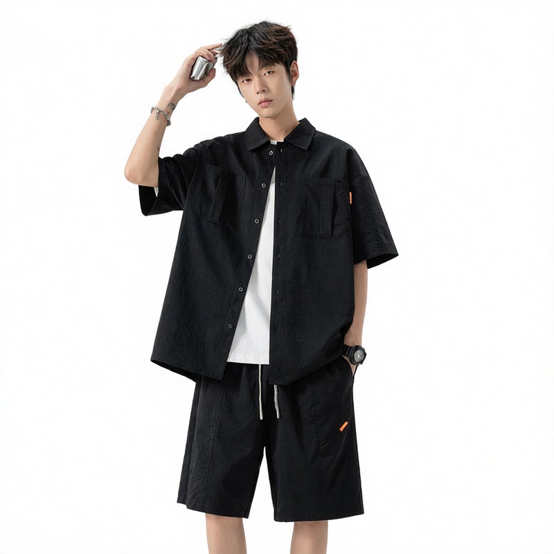 Plus Size Summer Loose Fit Workwear Short Sleeve Shirt and Shorts Set for Men - Image 1
