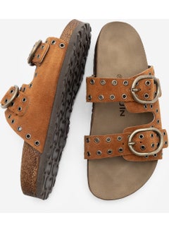 MARJIN Women's Leather Trocque Buckled Daily Suede Slippers Nivor  - Image 5