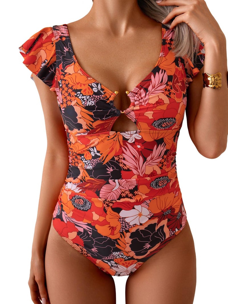 Eomenie Womens Ruffled One Piece Swimsuit Slimming Tummy Control Bathing Suit V-Neck Cutout Swimwear for Resort Wear - Image 1