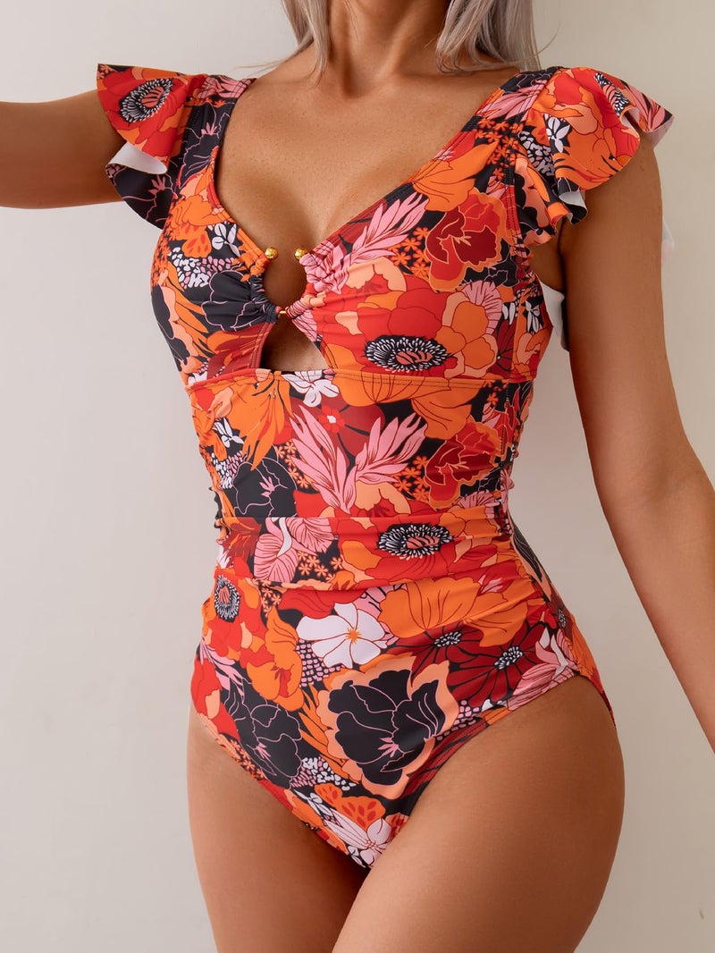 Eomenie Womens Ruffled One Piece Swimsuit Slimming Tummy Control Bathing Suit V-Neck Cutout Swimwear for Resort Wear - Image 2