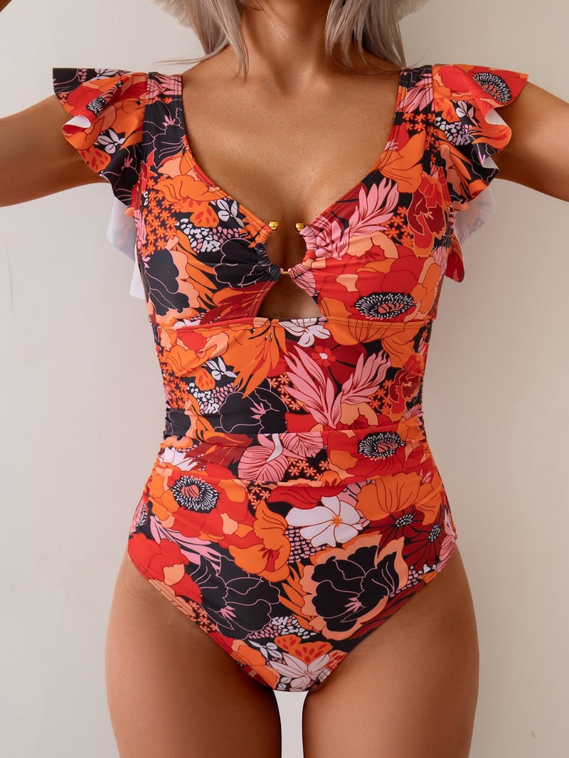 Eomenie Womens Ruffled One Piece Swimsuit Slimming Tummy Control Bathing Suit V-Neck Cutout Swimwear for Resort Wear - Image 4