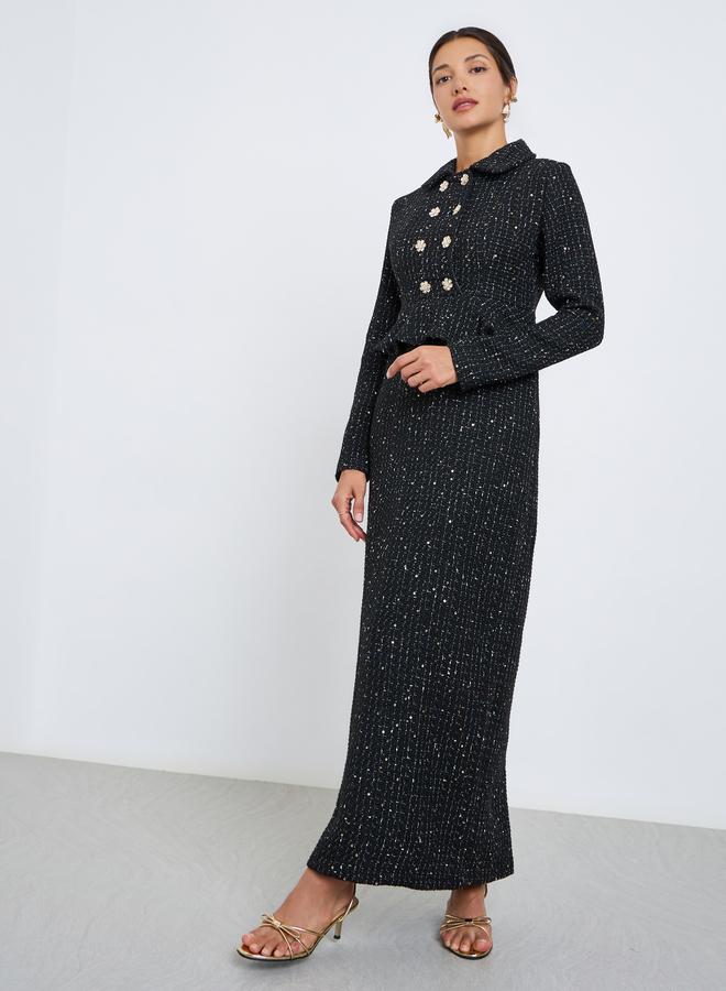 ستايلي فستان طويل بليزر بتفاصيل تويد بصف أزرار مزدوج - Image 3