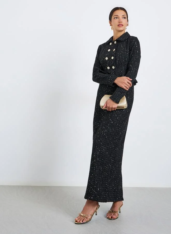 Women Black Tweed Double Breasted Blazer Maxi Dress