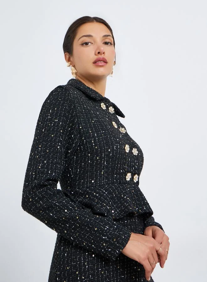 Styli Women Black Tweed Double Breasted Blazer Maxi Dress