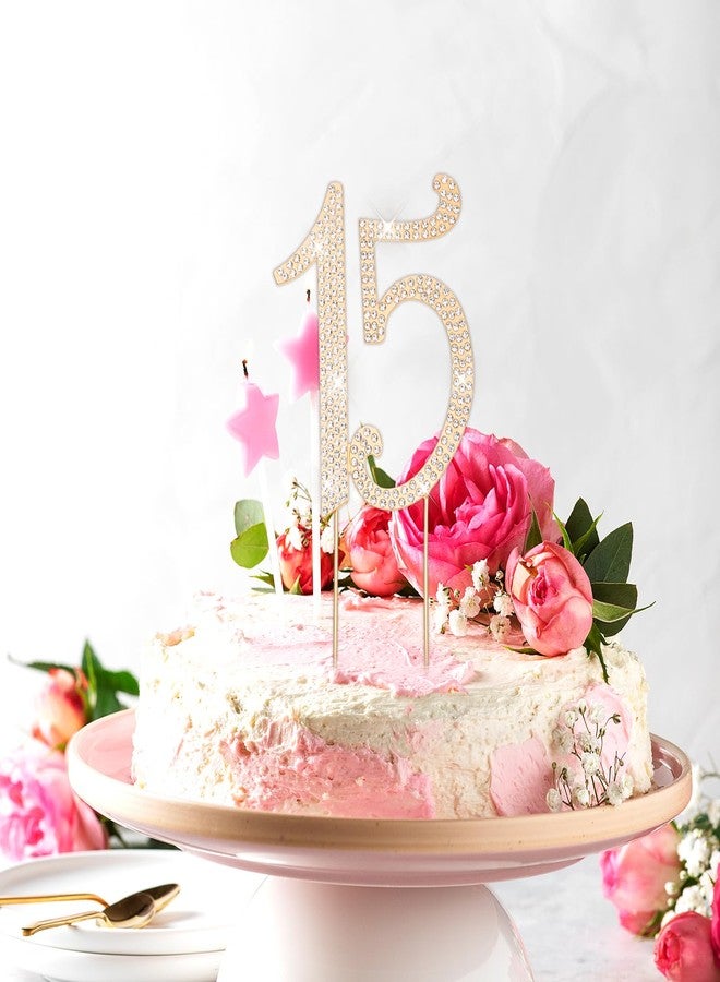 DOPENSPI 15 Cake Topper, Rhinestone 15th Birthday Cake Topper Happy 15 Crystal Rhinestones Cakes Toppers Crystal Rhinestones Birthdays Cakes Decoration for Quinceanera Birthday Anniversary(Gold) - Image 2
