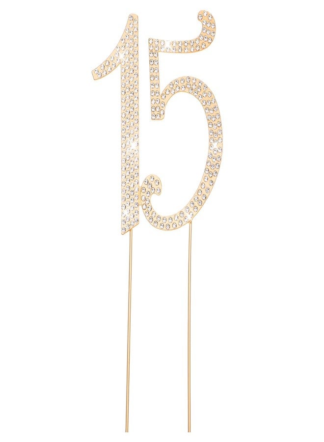 DOPENSPI 15 Cake Topper, Rhinestone 15th Birthday Cake Topper Happy 15 Crystal Rhinestones Cakes Toppers Crystal Rhinestones Birthdays Cakes Decoration for Quinceanera Birthday Anniversary(Gold) - Image 1