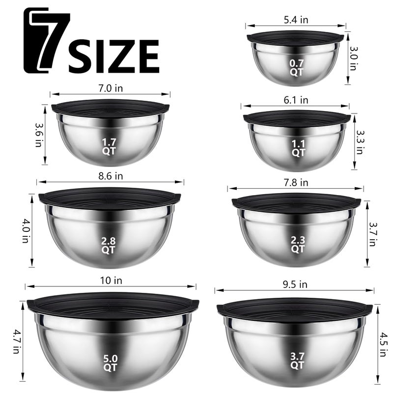 Leidawn Mixing Bowls With Lids Set - 26 Pcs Stainless Steel Nesting Black Mixing Bowls Set For Baking  Mixing  Serving & Prepping  Size 5  3.7  2.8  2.3  1.7  1.1  0.7Qt  11 Cooking Utensils - Image 4
