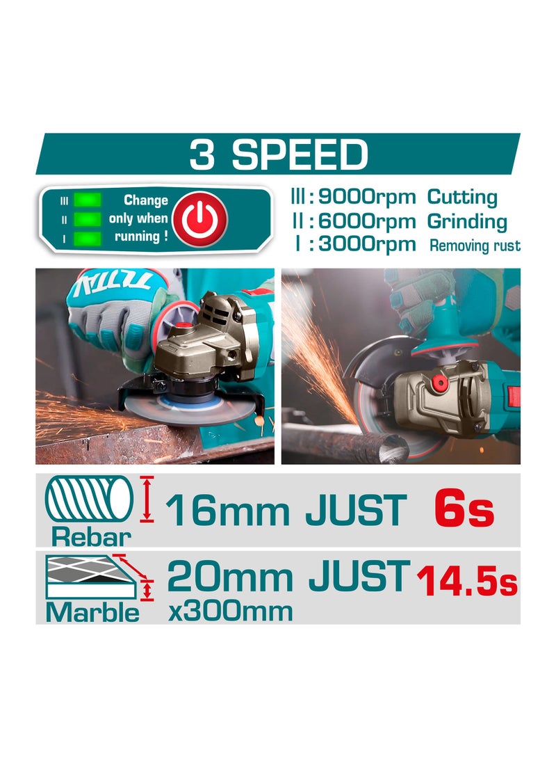 TOTAL 42V Brushless Cordless Angle Grinder (1080W Power) - 115mm Professional Cutter with 3-Speed Control (9000RPM), 2x 2.0Ah Batteries, 13-Piece Disc Set & Carrying Case - TAGLI4108112 - Image 2