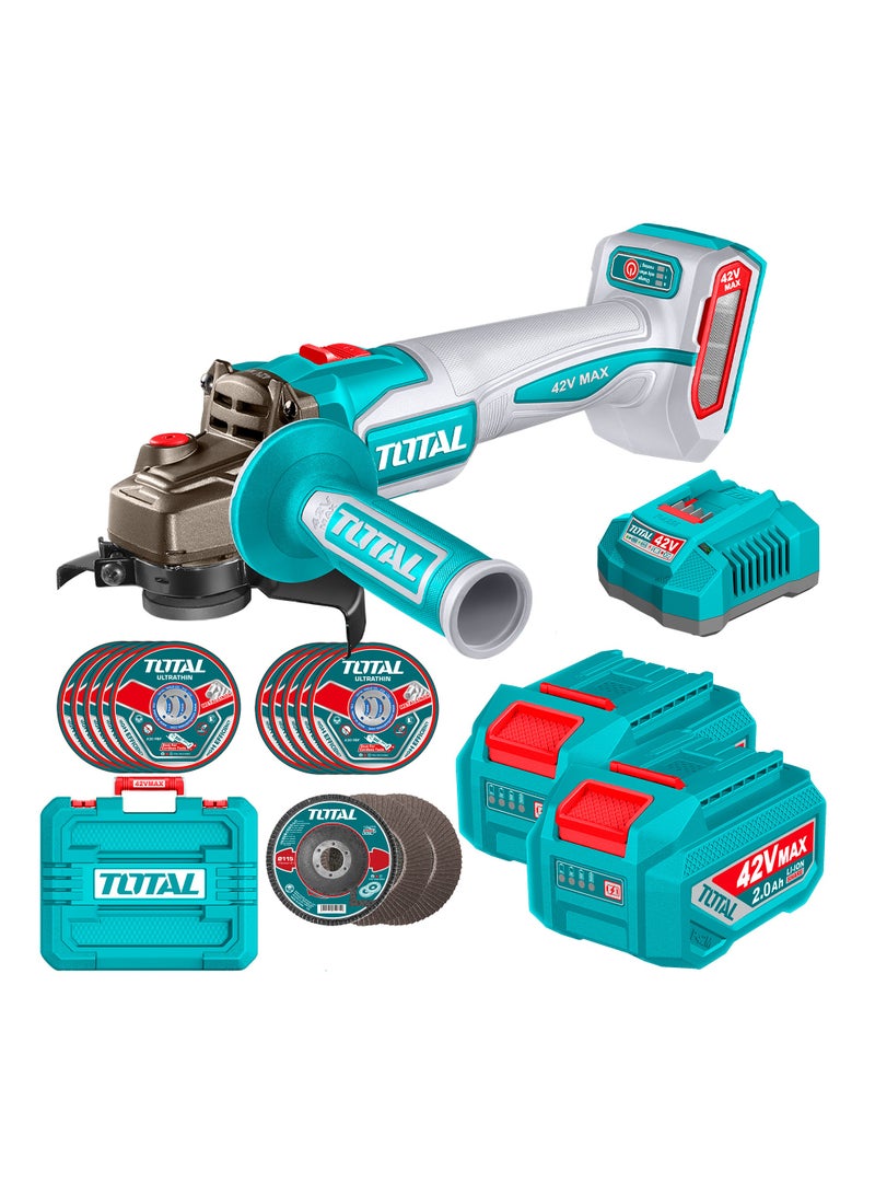 TOTAL 42V Brushless Cordless Angle Grinder (1080W Power) - 115mm Professional Cutter with 3-Speed Control (9000RPM), 2x 2.0Ah Batteries, 13-Piece Disc Set & Carrying Case - TAGLI4108112 - Image 1