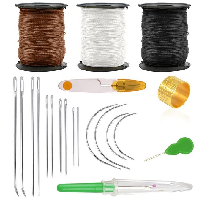 21 UPHOLSTERY REPAIR KIT LEATHER SEWING NEEDLE AND THREAD EXTRA STRONG HAND STITCHING TOOLS WITH C CURVED NEEDLES FOR CANVAS CARPET WALLET MAKING 150M
