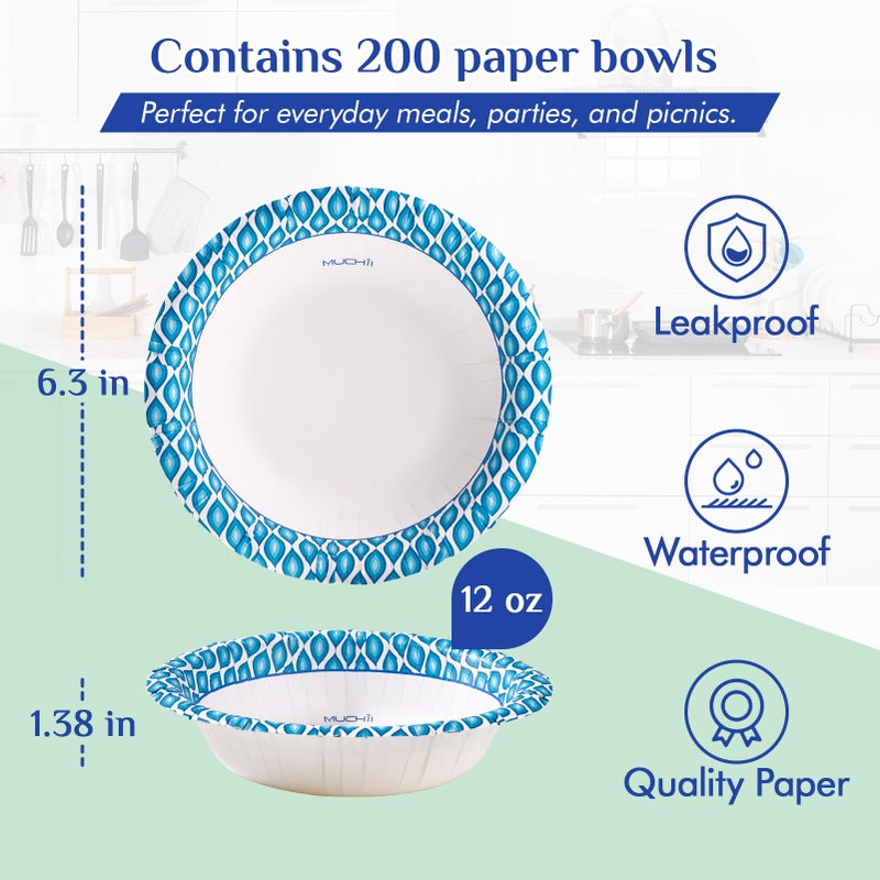 MUCHII 12 Oz Paper Bowls 200 Counts Disposable Bowls, Printed Soak Proof Small Bowls for Breakfast, Lunch, and Dinner Meals - Image 3