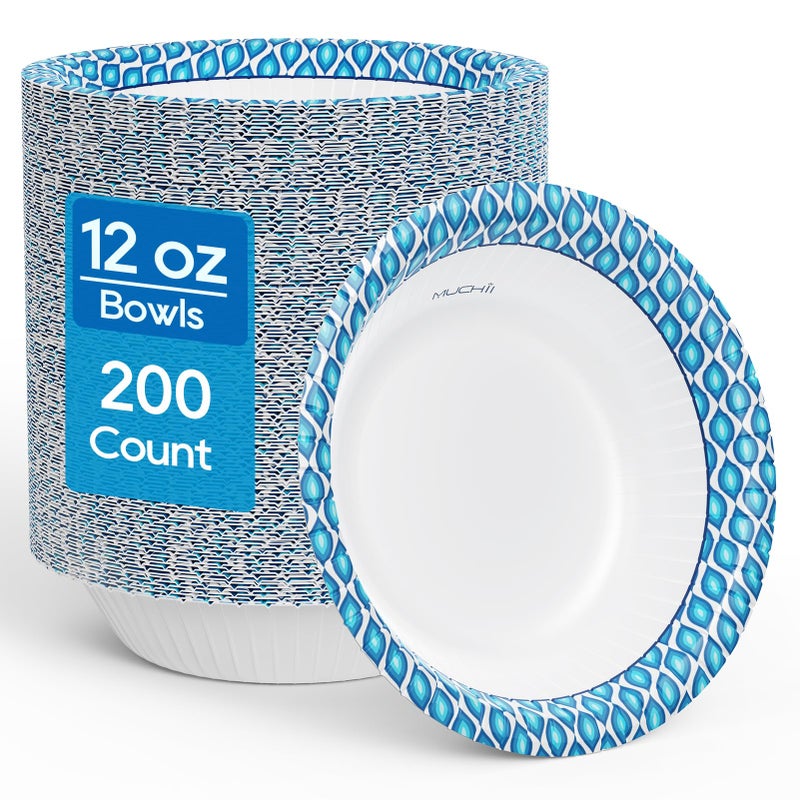 MUCHII 12 Oz Paper Bowls 200 Counts Disposable Bowls, Printed Soak Proof Small Bowls for Breakfast, Lunch, and Dinner Meals - Image 1