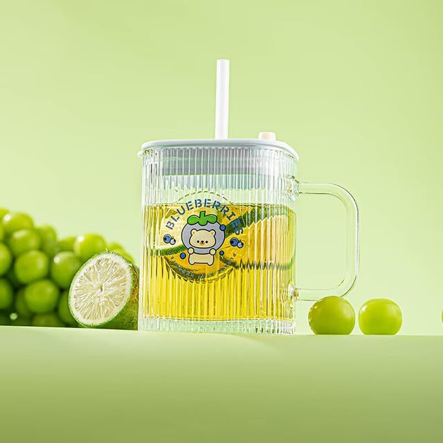 ASHASHA ASHASHA Ribbed Glass Milk Mug with Lid and Straw Pack of 1 400ml Multipurpose Drinking Glasses Travel Coffee Sipper Tumbler for Iced Tea Smoothies Cocktail Kids Cup Strawberry - Image 4