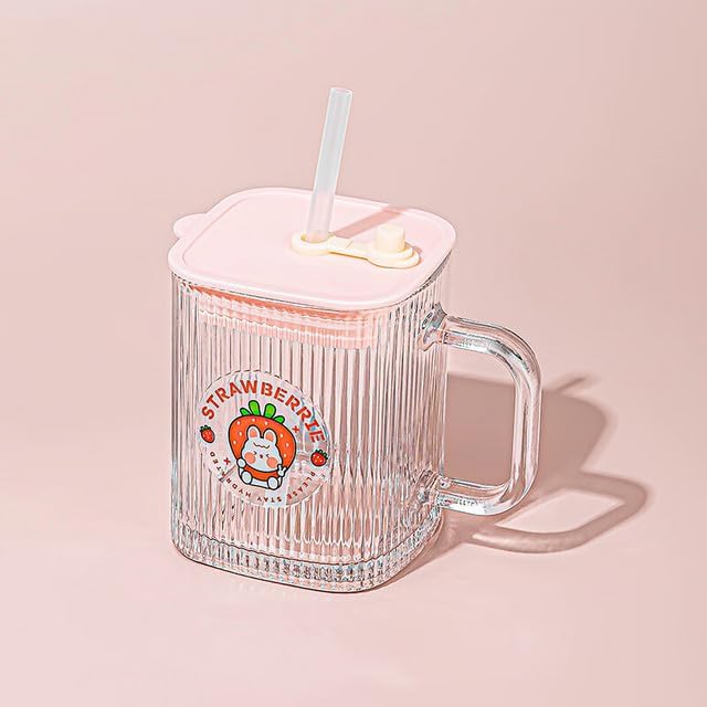 ASHASHA ASHASHA Ribbed Glass Milk Mug with Lid and Straw Pack of 1 400ml Multipurpose Drinking Glasses Travel Coffee Sipper Tumbler for Iced Tea Smoothies Cocktail Kids Cup Strawberry - Image 2