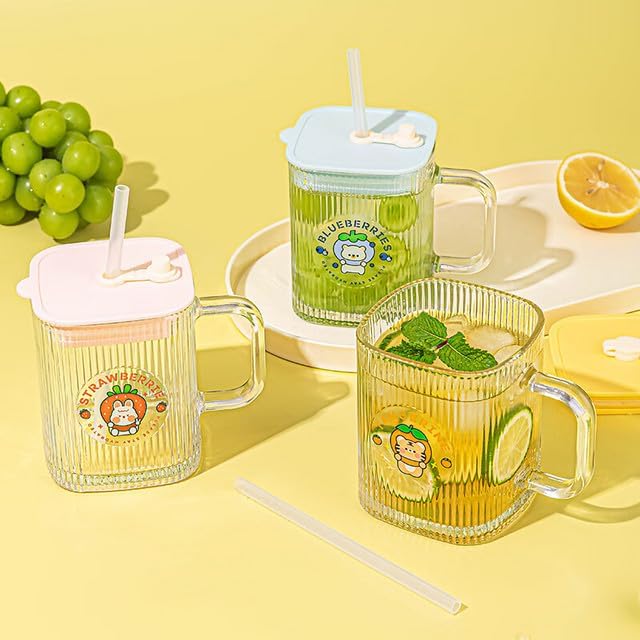 ASHASHA ASHASHA Ribbed Glass Milk Mug with Lid and Straw Pack of 1 400ml Multipurpose Drinking Glasses Travel Coffee Sipper Tumbler for Iced Tea Smoothies Cocktail Kids Cup Strawberry - Image 3