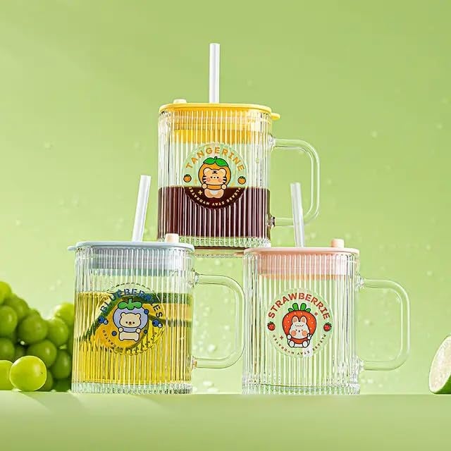 ASHASHA ASHASHA Ribbed Glass Milk Mug with Lid and Straw Pack of 1 400ml Multipurpose Drinking Glasses Travel Coffee Sipper Tumbler for Iced Tea Smoothies Cocktail Kids Cup Strawberry - Image 1