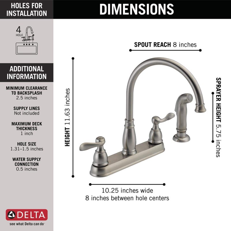 Delta Windemere Brushed Nickel Kitchen Faucet with Side Sprayer, Traditional 4 Hole Kitchen Sink Faucet, Two-Handle, Stainless 21996LF-SS - Image 3