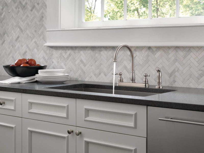 Delta Windemere Brushed Nickel Kitchen Faucet with Side Sprayer, Traditional 4 Hole Kitchen Sink Faucet, Two-Handle, Stainless 21996LF-SS - Image 2
