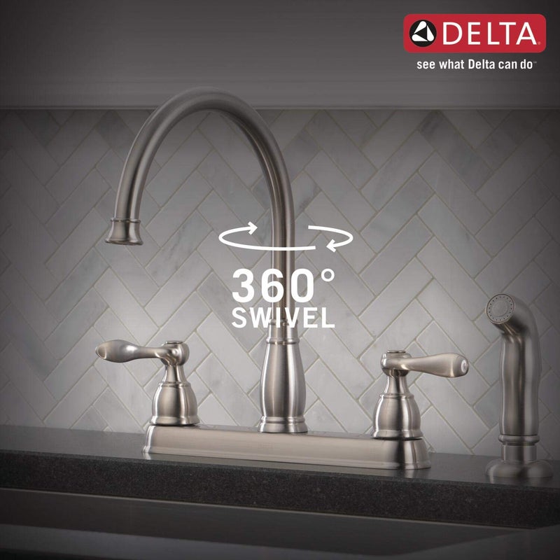 Delta Windemere Brushed Nickel Kitchen Faucet with Side Sprayer, Traditional 4 Hole Kitchen Sink Faucet, Two-Handle, Stainless 21996LF-SS - Image 4