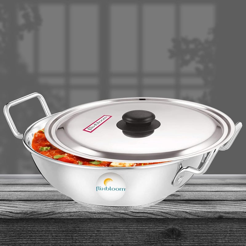 FLIXBLOOM FLIXBLOOM Special Stainless Steel 35 Litre Kadai with Lid Induction Gas Stove Friendly Deep Kitchen Utensil Cooking Cookware Kadai Kadhai Kadhai with Lid 35 Litre Kadai - Image 1