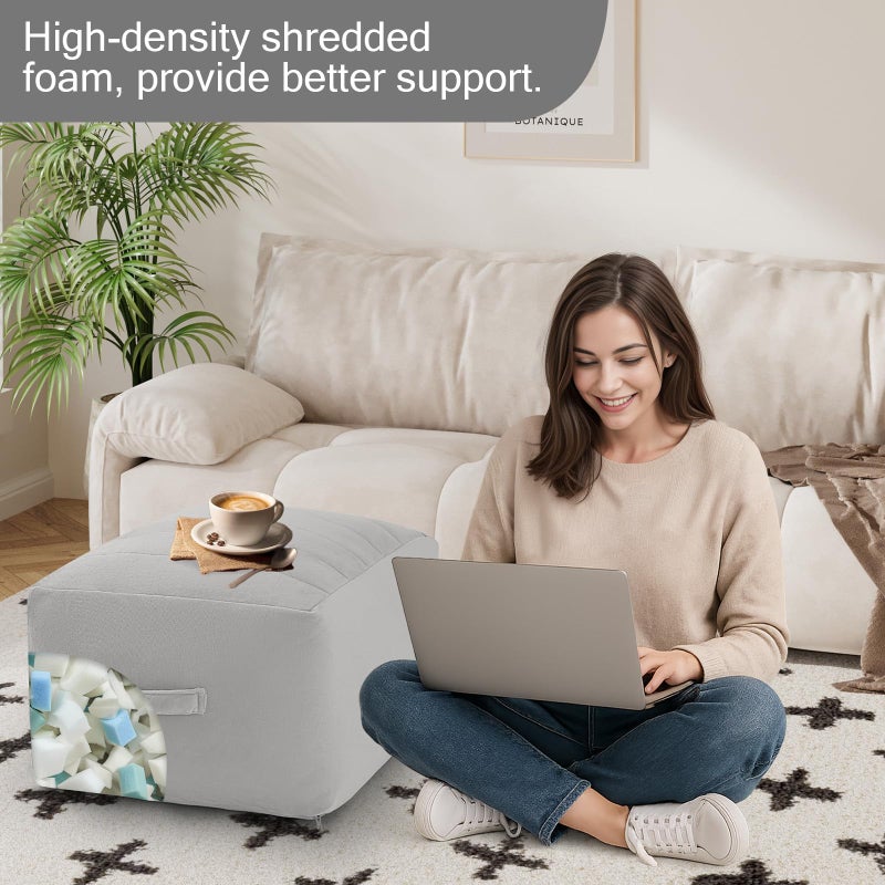 MeMoreCool Square Stuffed Pouf Ottoman Foot Rest, Floor Pouf Foot Stool with Foam Chunk Filling, Soft Stuffed Ottoman Footrest for Living Room, Light Grey - Image 4