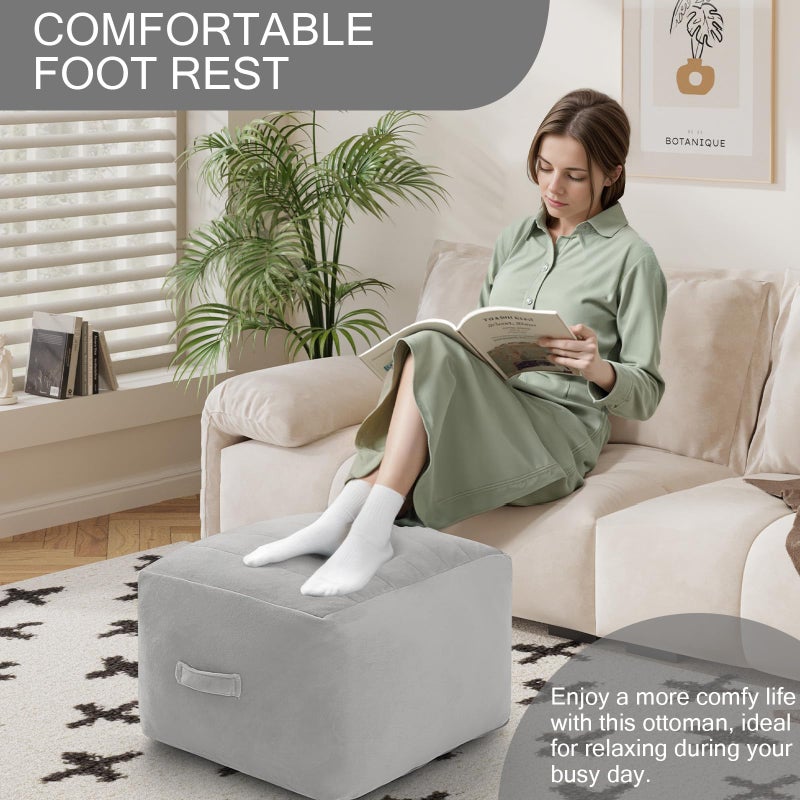MeMoreCool Square Stuffed Pouf Ottoman Foot Rest, Floor Pouf Foot Stool with Foam Chunk Filling, Soft Stuffed Ottoman Footrest for Living Room, Light Grey - Image 2