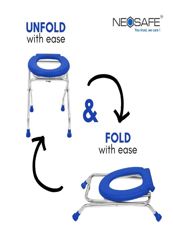 NEOSAFE Stainless Steel Premium Folding Shower Bathing Room Mobile Commode Stool Indian Toilet Seat Ideal for Elderly Disabled Man and Pregant Women Support (Blue) - Image 4