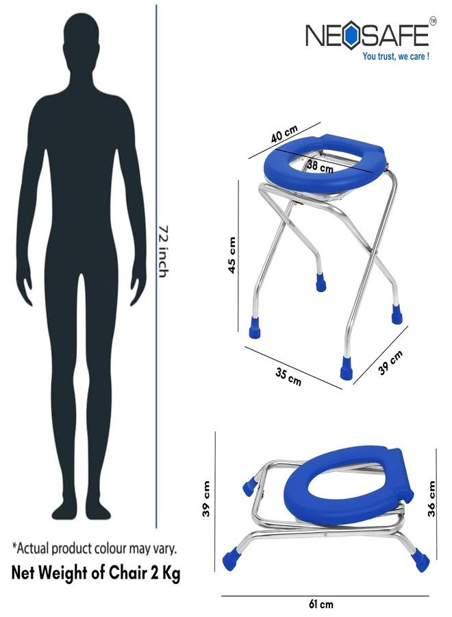 NEOSAFE Stainless Steel Premium Folding Shower Bathing Room Mobile Commode Stool Indian Toilet Seat Ideal for Elderly Disabled Man and Pregant Women Support (Blue) - Image 5