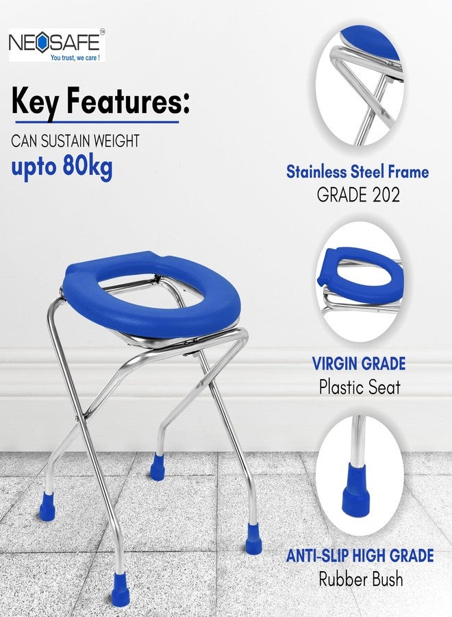 NEOSAFE Stainless Steel Premium Folding Shower Bathing Room Mobile Commode Stool Indian Toilet Seat Ideal for Elderly Disabled Man and Pregant Women Support (Blue) - Image 3