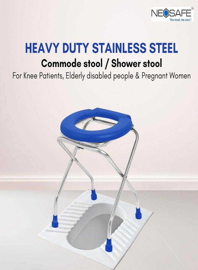 NEOSAFE Stainless Steel Premium Folding Shower Bathing Room Mobile Commode Stool Indian Toilet Seat Ideal for Elderly Disabled Man and Pregant Women Support (Blue) - Image 2