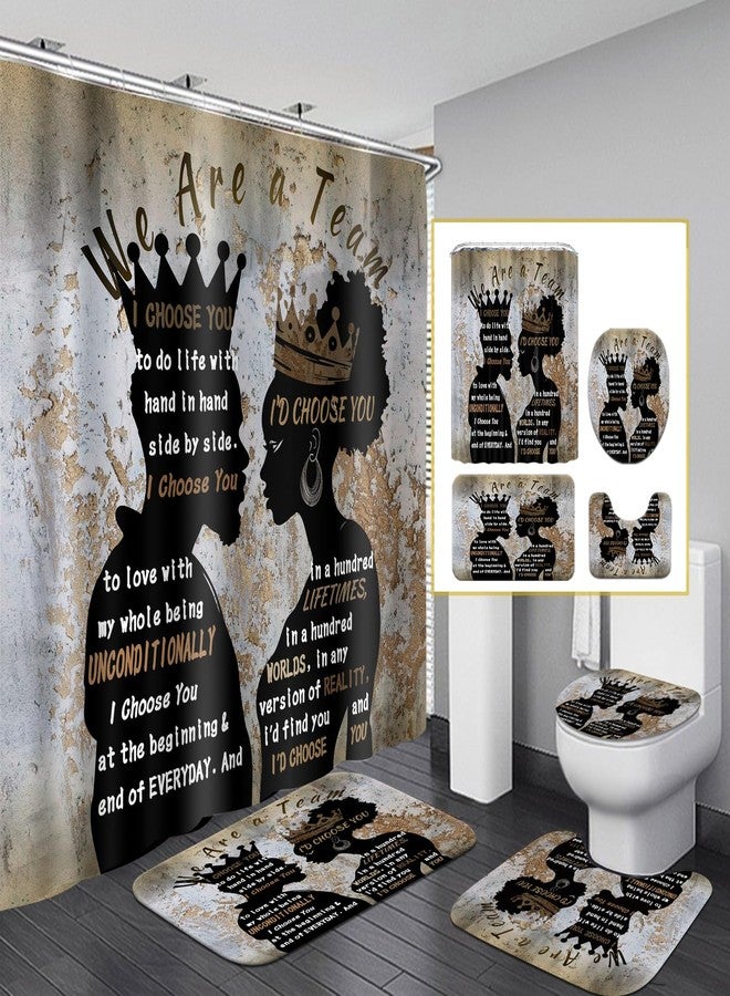 Omebero 4Pcs Black Man Women Shower Curtain Set with Rugs Toilet Lid Cover Bath Mat, Romantic Couples Bathroom Decor Sets with Shower Curtain and Hooks, Waterproof Fabric King Queen Sets - Image 1