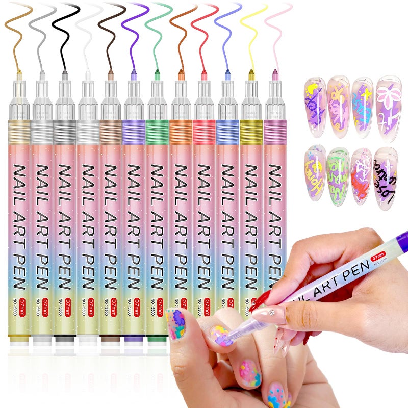 MKNZOME 12 Color Nail Art Pens, 3D 0.7 MM Nail Polish Pens Set Drawing Painting Point Liner Acrylic Painted Pen Kit, Waterproof and Quick-drying Nail for DIY Nails Art Design Manicure Tools - Image 1