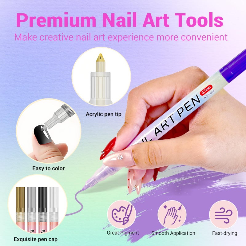 MKNZOME 12 Color Nail Art Pens, 3D 0.7 MM Nail Polish Pens Set Drawing Painting Point Liner Acrylic Painted Pen Kit, Waterproof and Quick-drying Nail for DIY Nails Art Design Manicure Tools - Image 2