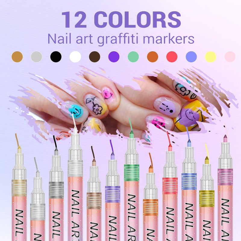MKNZOME 12 Color Nail Art Pens, 3D 0.7 MM Nail Polish Pens Set Drawing Painting Point Liner Acrylic Painted Pen Kit, Waterproof and Quick-drying Nail for DIY Nails Art Design Manicure Tools - Image 3