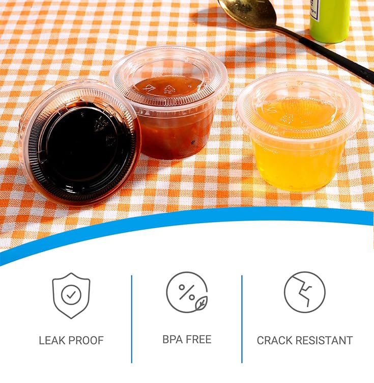 EDI [4 OZ, 100 Sets] Clear Disposable Plastic Portion Cups with Leakproof Lids for Condiment and Dipping Sauce | Jello Shot/Souffle Cups| BPA Free | Recyclable - Image 3