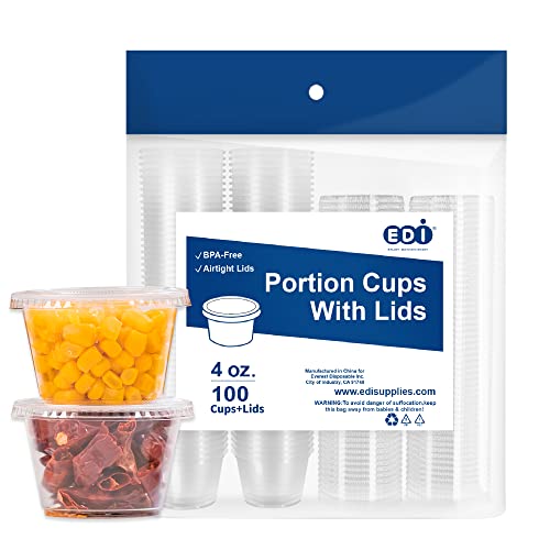 EDI [4 OZ, 100 Sets] Clear Disposable Plastic Portion Cups with Leakproof Lids for Condiment and Dipping Sauce | Jello Shot/Souffle Cups| BPA Free | Recyclable - Image 1