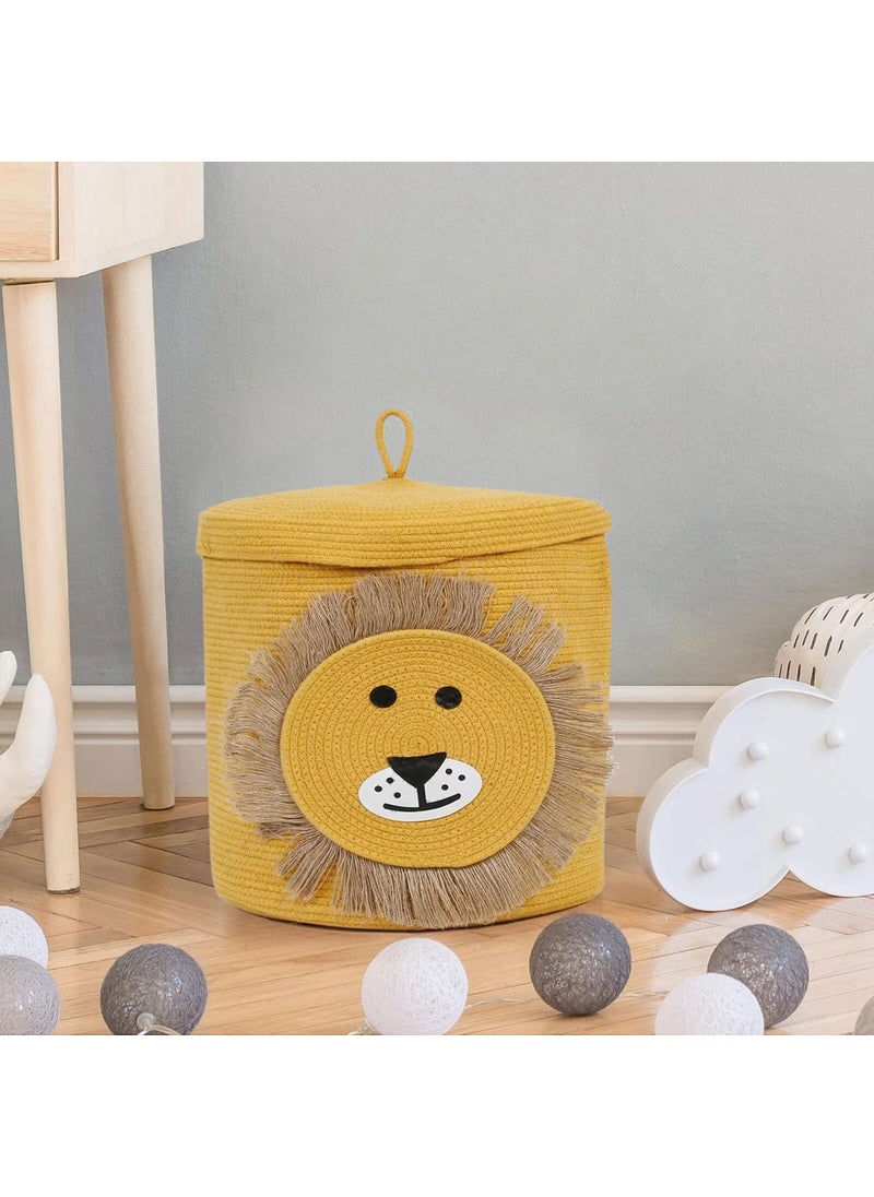 ALSTONIA ALSTONIA Pure Cotton Storage BasketStorage Box With LidRound Beautiful Character Storage BoxWedding Organizer BoxBasket Handwoven Basket Bins11 X 10 X 10 Inches Pack of 1 Yellow Lion  - Image 1