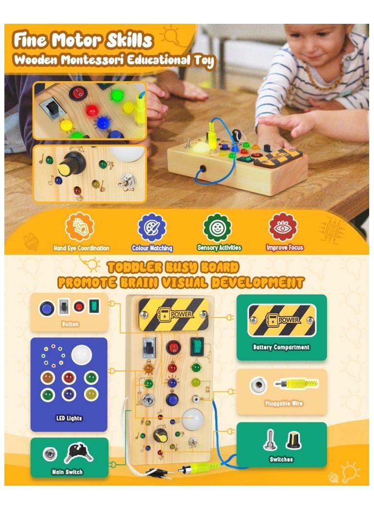 باور لوحة مشغولة خشبية للأطفال من مونتيسوري مع 8 مفاتيح إضاءة LED ألعاب حسية مفتاح إضاءة ألعاب سفر للأطفال بعمر سنة فما فوق - Image 2