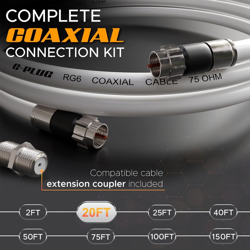 G-PLUG 20FT RG6 Coaxial Cable Connectors Set - High-Speed Internet, Broadband and Digital TV Aerial, Satellite Sky Cable Extension- Weather-Sealed Double Rubber O-Ring and Compression Connectors White - Image 2