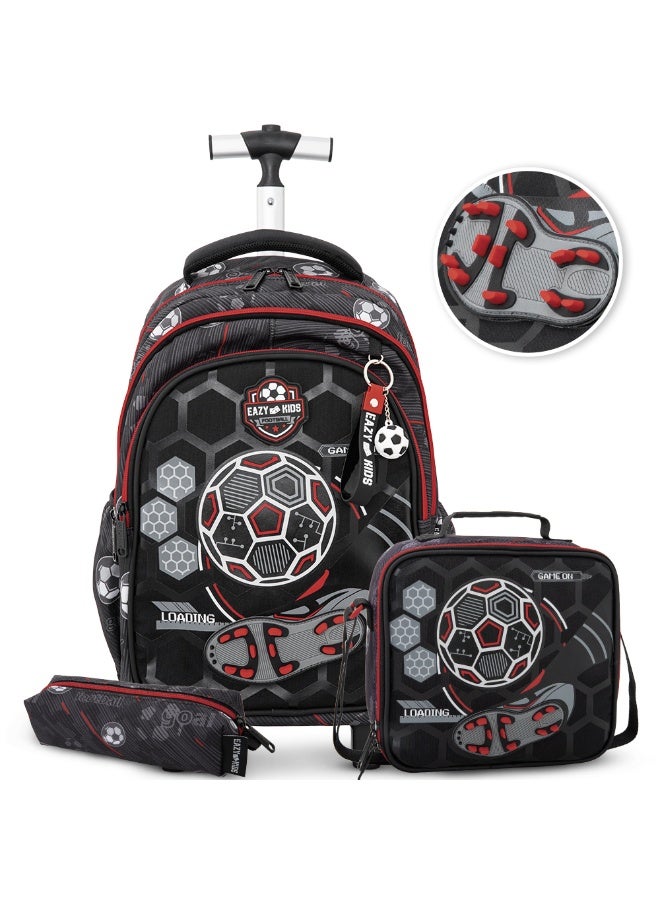 Eazy Kids 17” Trolley School Backpack Set w/ Convertible Bento Lunch Box & Insulated Water Bottle – Football Black - Image 2