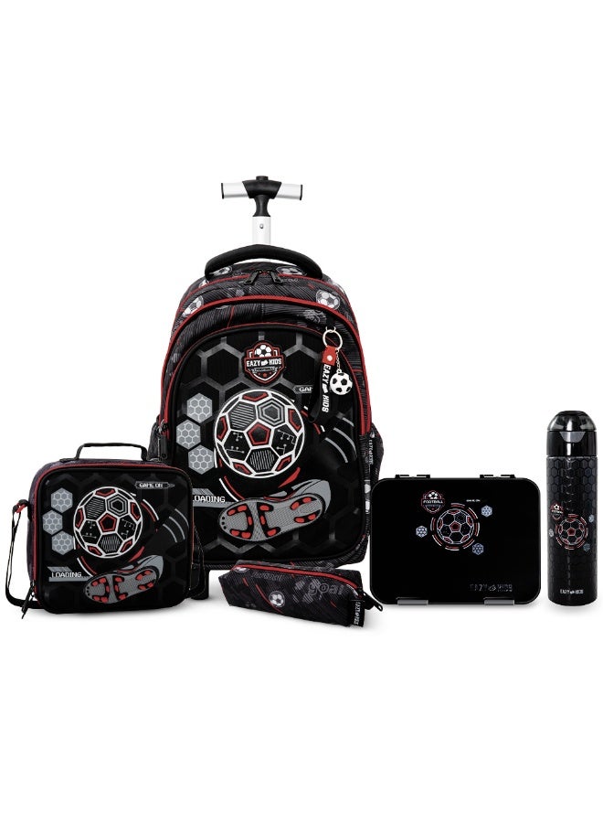 Eazy Kids 17” Trolley School Backpack Set w/ Convertible Bento Lunch Box & Insulated Water Bottle – Football Black - Image 1