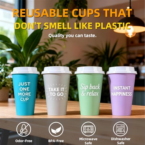 MiraFure Reusable Coffee Cups with Lids, 16 oz, Plastic Travel Coffee Mug, To Go Coffee Cups for Hot and Cold Drinks (15 Pack, 4 Colors Assorted) - Image 4