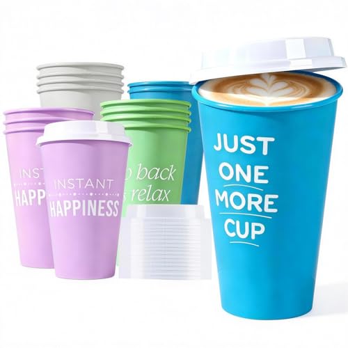 MiraFure Reusable Coffee Cups with Lids, 16 oz, Plastic Travel Coffee Mug, To Go Coffee Cups for Hot and Cold Drinks (15 Pack, 4 Colors Assorted) - Image 1
