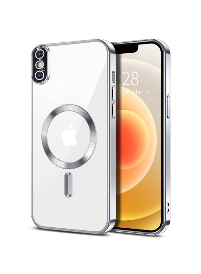 Electroplated Case For IPhone X/Xs Camera Lens Full Protection Compatible with MagSafe Wireless Charging, Shockproof Soft TPU Phone Magnetic Cover (Silver)