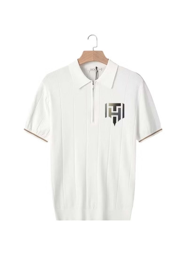 Huitich Men’s Half-Zip Summer Polo Shirt – Ribbed Texture, Short Sleeve – White | L  - Image 1